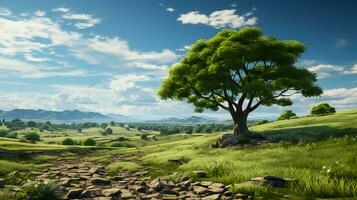 groß einsam Baum mit Grün natürlich Blätter auf das Feld foto