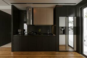 schwarz elektrisch öffnen Küche Innere mit Clever Technologie, 3d Rendern foto
