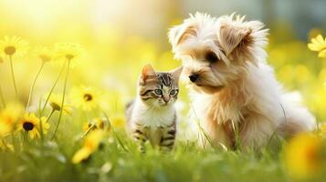 Hund und Katze zusammen, süß Haustiere im Sommer- oder Frühling Garten. generativ ai foto