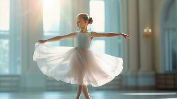 Mädchen üben Ballett, das Eleganz und Disziplin offensichtlich im jeder anmutig Umzug. generativ ai foto
