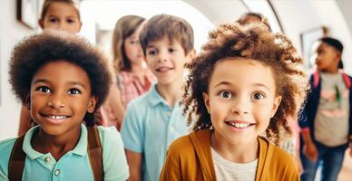 Kinder beim ein Museum, breit - - Augen und neugierig, jeder Artefakt ein Türöffnung zu Wissen. generativ ai foto