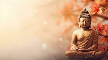 Statue von Buddha, Buddhismus, Religion und Meditation. Netz Banner mit Kopieren Raum. generativ ai foto