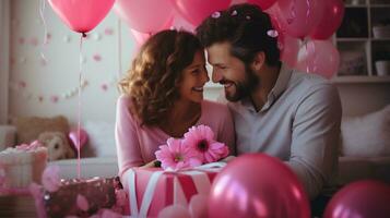 ai generativ. schön jung Paar ist feiern Geburtstag und lächelnd während Sitzung beim das Tabelle mit Luftballons und Geschenk Box foto