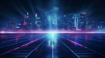 futuristisch Stadt, Blau Neon- Beleuchtung, abstrakt dunkel Hintergrund. generativ ai foto