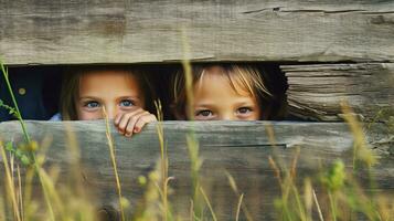 Kinder spielen ausblenden und suchen, Lachen widerhallend im das Hintergrund von ein alt Scheune. generativ ai foto