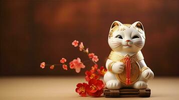 Maneki - - neko, das Glücklich Katze Statue, mit es ist angehoben Pfote, einstellen gegen ein Hintergrund von uralt Schriftrollen. generativ ai foto