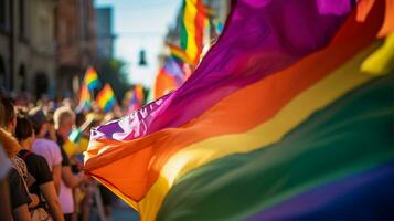 ein Stolz Parade mit Menschen von verschiedene Orientierungen feiern Liebe und Identität. generativ ai foto