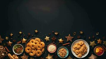 minimalistisch Diwali Fest. ein geschmackvoll eben legen von festlich Lebensmittel und Snacks zum ein glücklich Feier foto
