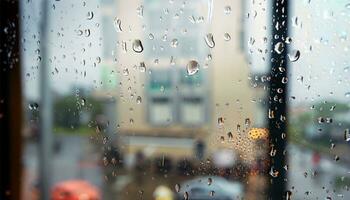 Regen fallen auf Fenster Glas von Kaffee Geschäft und verschwommen Stadt Leben Hintergrund foto