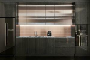einfach und schwarz Stil Küche Innere im minimalistisch Küche 3d Rendern foto
