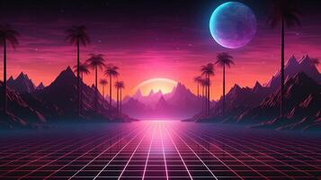 generativ ai, 80er Jahre retro futuristisch Science-Fiction, nostalgisch 90er. Nacht und Sonnenuntergang Neon- Farben, Cyberpunk Jahrgang Illustration. Sonne, Berge und Palmen. Retrowave vj Videospiel Landschaft.. foto