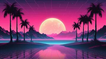 generativ ai, 80er Jahre retro futuristisch Science-Fiction, nostalgisch 90er. Nacht und Sonnenuntergang Neon- Farben, Cyberpunk Jahrgang Illustration. Sonne, Berge und Palmen. Retrowave vj Videospiel Landschaft.. foto