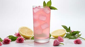 Foto von ein Rose Wasser Limonade isoliert auf eben Weiß Hintergrund. generativ ai