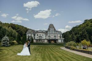 das Braut und Bräutigam Stand auf ein malerisch Feld auf das Hochzeit Tag auf das Hintergrund von ein wunderbar Wald und ein teuer Hotel foto