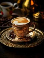 Foto von etwas Türkisch Kaffee trinken elegant plattiert auf ein Tisch. generativ ai