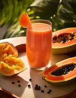 Foto von etwas Papaya Smoothie trinken elegant plattiert auf ein Tisch. generativ ai