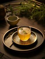 Foto von etwas Koreanisch Gerste Tee trinken elegant plattiert auf ein Tisch. generativ ai