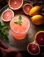 Foto von etwas Grapefruit Schorle trinken elegant plattiert auf ein Tisch. generativ ai