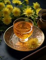 Foto von etwas Chrysantheme Tee trinken elegant plattiert auf ein Tisch. generativ ai