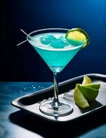 Foto von etwas Blau Lagune Cocktail trinken elegant plattiert auf ein Tisch. generativ ai