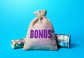 Geld Tasche mit Wort Bonus. lohnend Angestellte mit finanziell Vorteile. erhalten Belohnung und Vorlieben. Gehalt Zunahme, Aktionen beim arbeiten. günstig Kauf und Besondere bietet an. foto