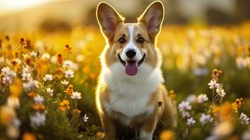 charmant Corgi Hund mit Blumen im das Frühling. generativ ai foto