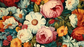 generativ ai, Blumen- bunt Muster, natürlich Pflanzen und Blumen Hintergrund, psychedelisch Illustration. Laub Ornament foto
