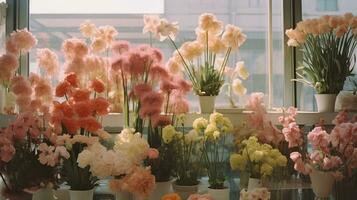 generativ ai, Straße Blumen- Geschäft mit bunt Blumen, ästhetisch stumm geschaltet Farben foto