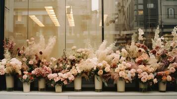 generativ ai, Straße Blumen- Geschäft mit bunt Blumen, ästhetisch stumm geschaltet Farben foto