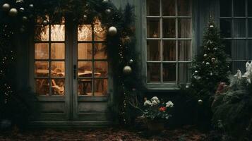 generativ ai, Garten im Winter und Weihnachten Zuhause Dekoration, stumm geschaltet Farben, Urlaub fotorealistisch ästhetisch Hintergrund foto