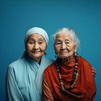 fotorealistisch Bild von zwei Alten Frauen, ein Mutter und ein Erwachsene Tochter. Mutter Tag, Familie Beziehungen. ai generiert foto