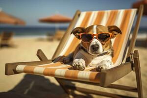 Hund Hündchen tragen Sonnenbrille, Lügen auf ein Sonnenbank zu Sonnenbad beim das Strand Meer auf Sommer- Urlaub, Feiertage. komisch Konzept. ai generativ foto