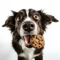 glücklich Hund mit Kekse. Leckereien zum Hunde. ein Hund auf ein Weiß Hintergrund. foto
