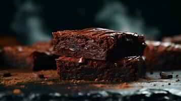 Nahansicht Seite Aussicht von feucht dunkel Schokolade Brownies Nachtisch, ein verlockend hausgemacht Freude mit dekadent fummelig Textur, einstellen gegen ein Reich und dunkel Hintergrund, feucht Essen Hintergrund, ai generativ foto