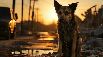streunend Hund auf ein beschädigt Straße im Nachmittag Licht - - ein mächtig Bild zum Tier Rechte Interessenvertretung, ai generativ foto