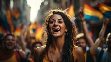 kolumbianisch Frau und Menschen stolz halten ihr National Flagge - - feiern Erbe und Einheit, ai generativ foto