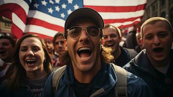 amerikanisch Stolz auf Anzeige, Menschen halten das National Flagge auf das 4 .. von Juli, USA Unabhängigkeit Tag, ai generativ foto