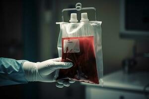 Hand von ein medizinisch Arbeiter halten ein Tasche von Spender Blut. generativ ai foto