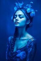 Porträt von jung sinnlich Frau mit Wind im lange Haar auf Blau Studio Hintergrund, generativ ai foto