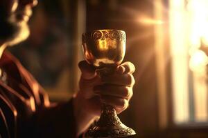 Hände von das Papst gefeiert das Eucharistie mit Körper und Blut von Christus. generativ ai foto