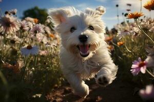 süß Hund Laufen auf das Feld mit Blumen ai generiert foto