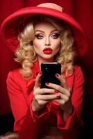 Barbie Stil jung Frau Influencer mit Smartphone, generativ ai foto