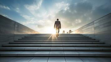 Silhouette von ein Geschäftsmann Gehen auf Treppe im oben Gebäude. Vision, wachsend und Zukunft Geschäft. generativ ai foto