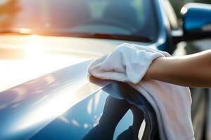 Person halten Handtuch sauber oben Wagen. Wartung Auto Konzept. generativ ai foto