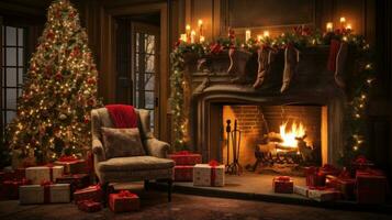 Weihnachten Szene vorstellen ein warm und einladend Urlaub Rahmen mit ein schön dekoriert Weihnachten Baum umgeben durch die Geschenke, ein komfortabel schaukeln Stuhl, und ein Geknister Kamin. foto