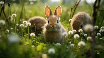 ein Hase ist Lügen im ein üppig Wiese umgeben durch Grün Gras, mit Weiß Eier verstreut um foto