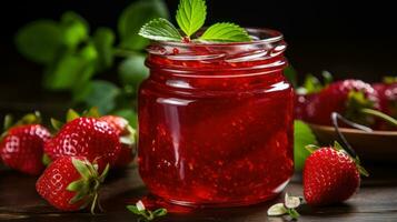 Nahansicht von hausgemacht Erdbeere Marmelade im ein Glas Krug foto