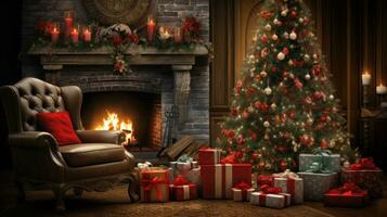 Weihnachten Szene vorstellen ein warm und einladend Urlaub Rahmen mit ein schön dekoriert Weihnachten Baum umgeben durch die Geschenke, ein komfortabel schaukeln Stuhl, und ein Geknister Kamin. foto