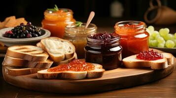 Verbreitung von Obst Marmeladen und Honig auf rustikal Brot Scheiben foto