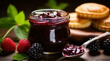 handwerklich Beere Marmelade im ein Löffel mit Beeren im Hintergrund foto